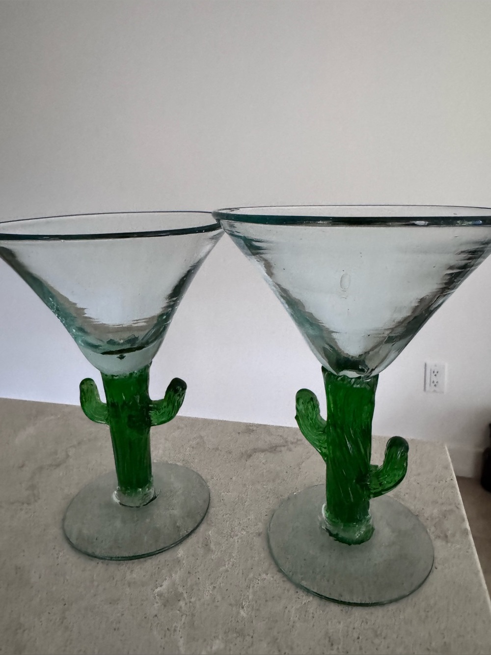 Mexican Handblown Green Cactus Stem Margarita Glasses - Set of 2
